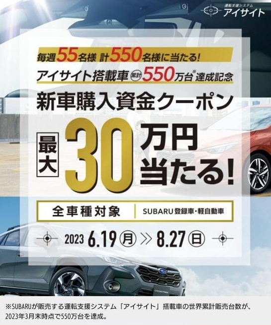 アイサイト搭載車
累計550万台達成記念
新車購入資金クーポン
最大30万円当たる！